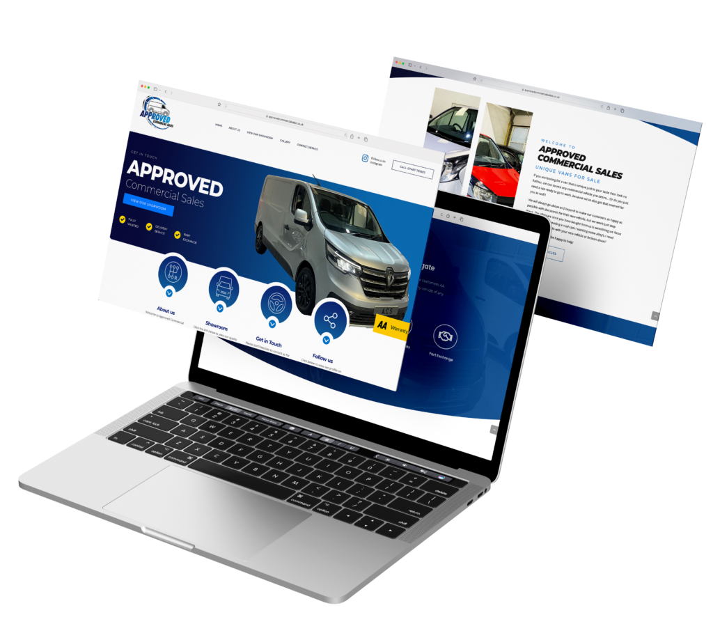 Laptop displaying an automotive website with modern design elements and service details for car solutions.