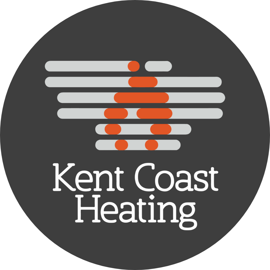 A sleek grey and orange logo featuring a striped pattern and the name “Kent Coast Heating,” showcasing heating solutions.