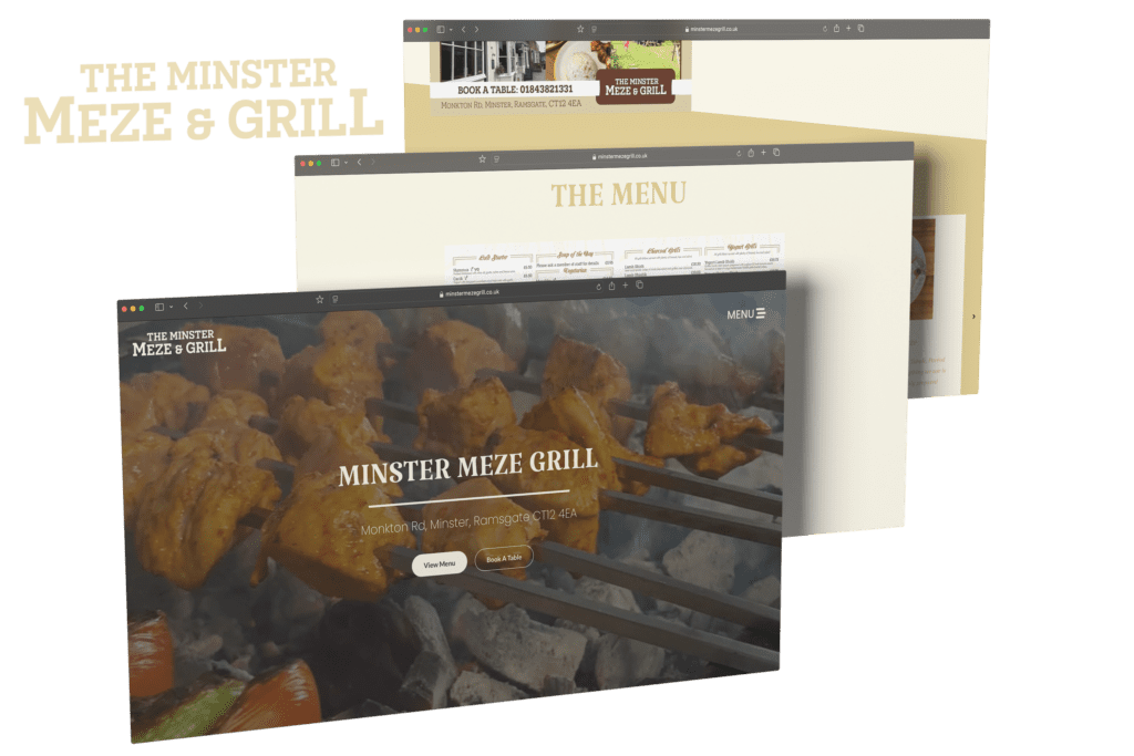 Website design for a grill restaurant with high-quality images of grilled food and an inviting menu layout.