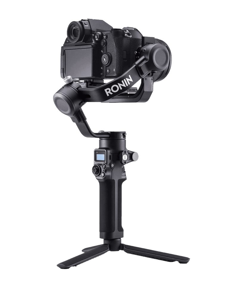 Professional gimbal stabiliser holding a camera, designed for smooth video footage and stable shots.