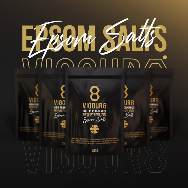 A sleek display of vigour8 epsom salts packaging in black and gold, highlighting wellness and relaxation products.