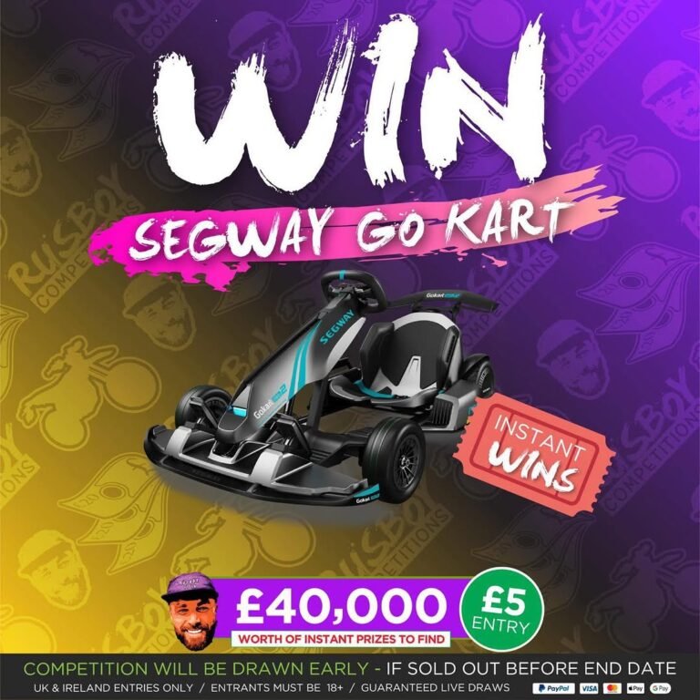 Promotional graphic for a competition to win a segway go kart worth £40,000, with vibrant colours and bold text.