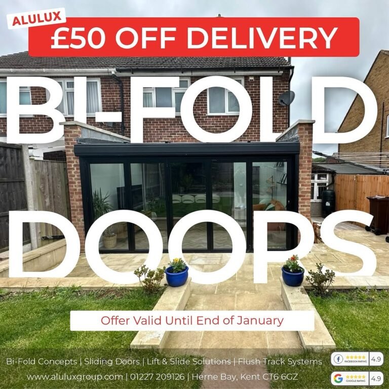 An advert offering £50 off delivery on alulux bifold doors, showcasing a modern home with premium door solutions.