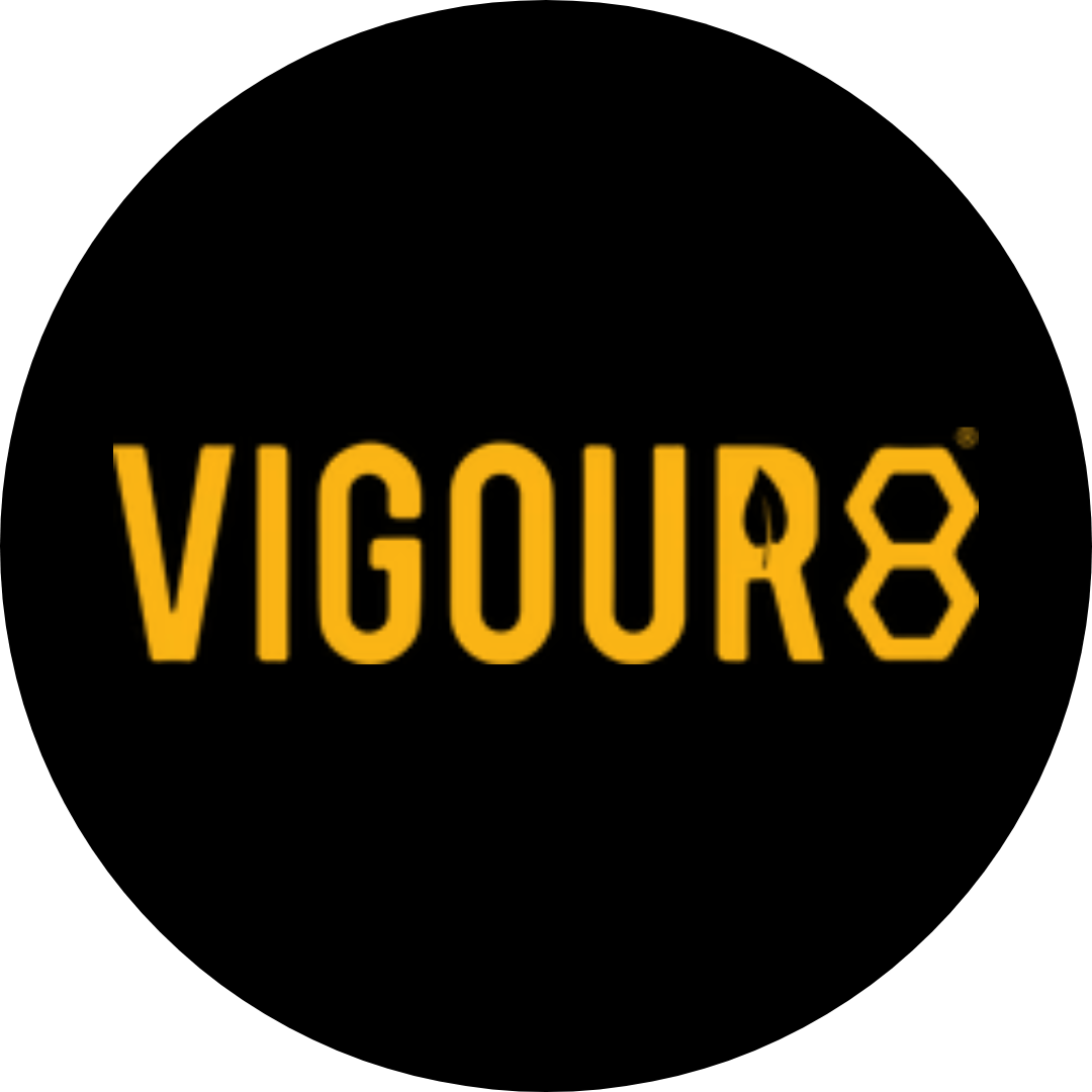 A bold, modern logo in black and yellow with the name “Vigour8,” representing strength and vitality in its branding.