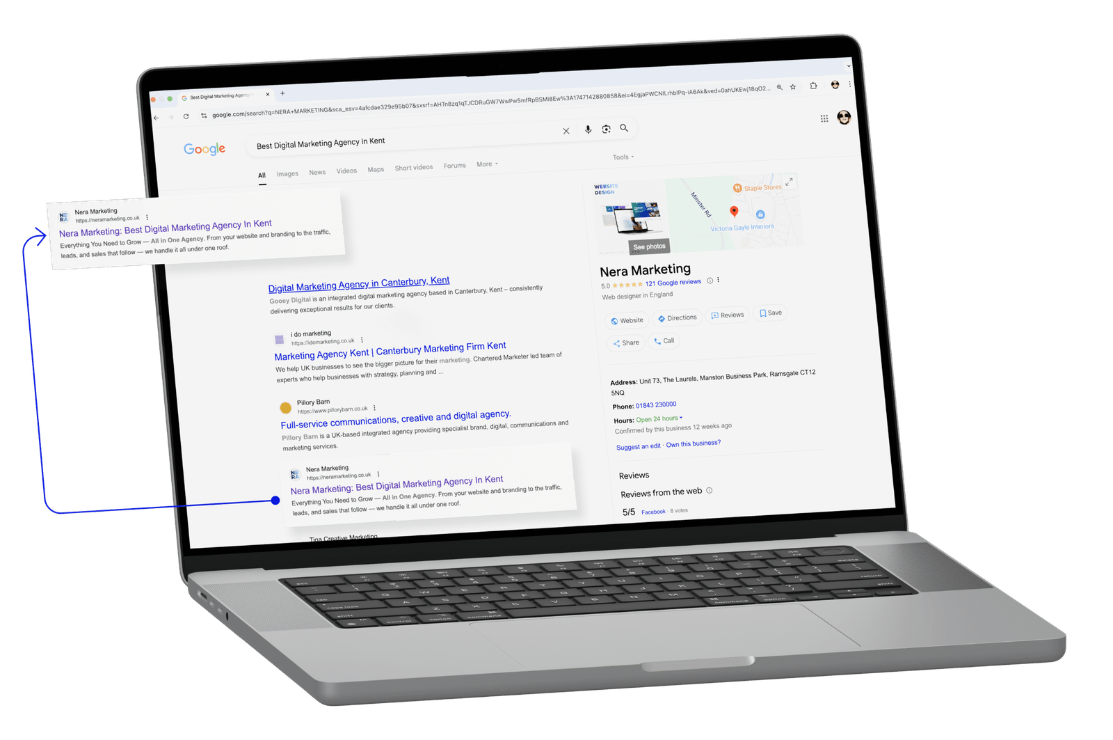 Laptop screen showing google search results, symbolising seo or online visibility work