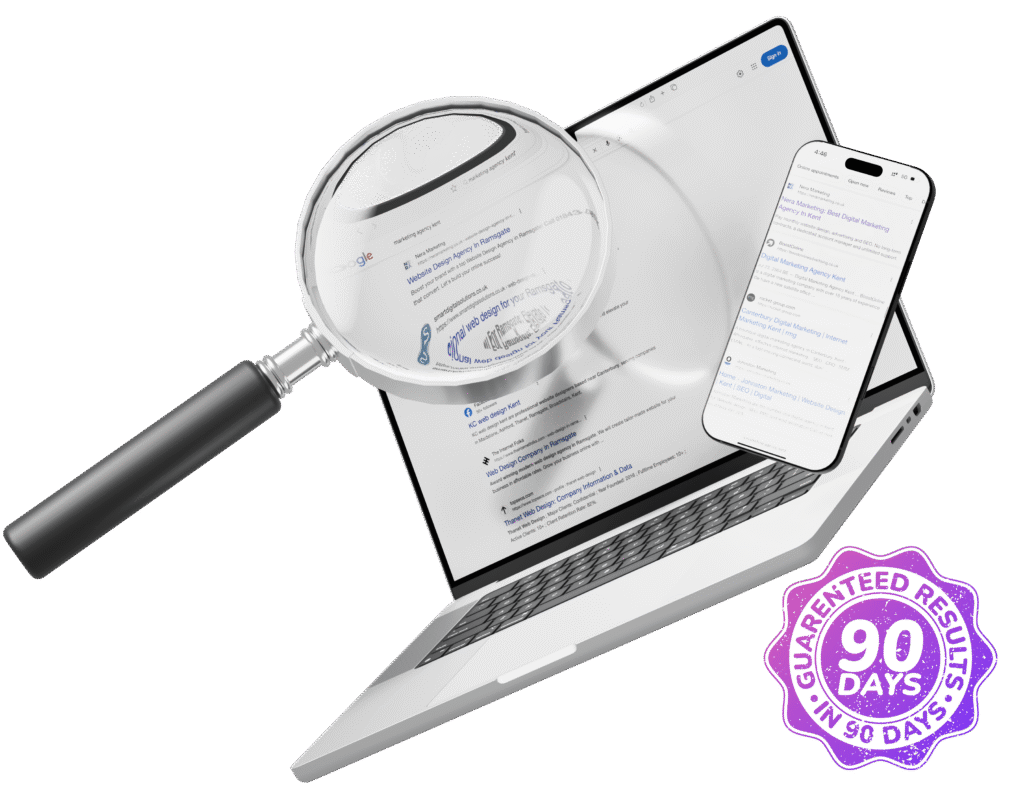 Laptop with magnifying glass and phone showing a certificate badge, symbolising seo audit and verification