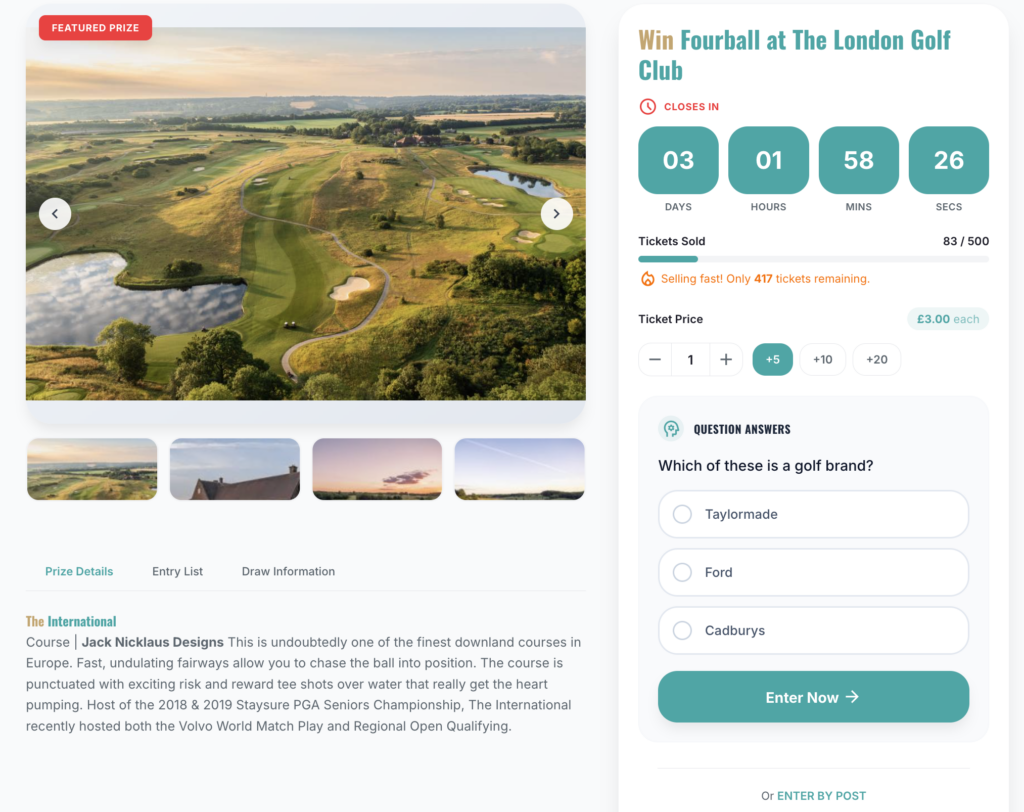 Premier Sports Competitions UK prize draw platform designed and built by Nera Marketing showing mobile-first competition layout and checkout flow