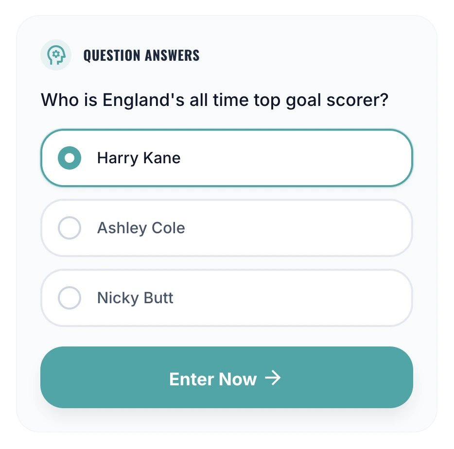 Screenshot of a skill question on a UK competition website asking who is England's all time top goal scorer with three multiple choice answers before the Enter Now button