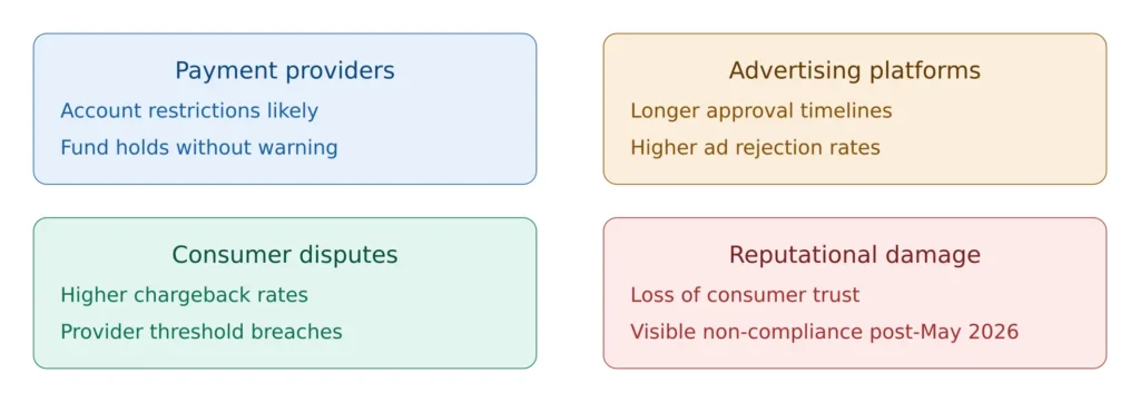 Four risks for prize draw operators who ignore the Voluntary Code: payment provider restrictions, advertising platform rejections, consumer disputes and reputational damage