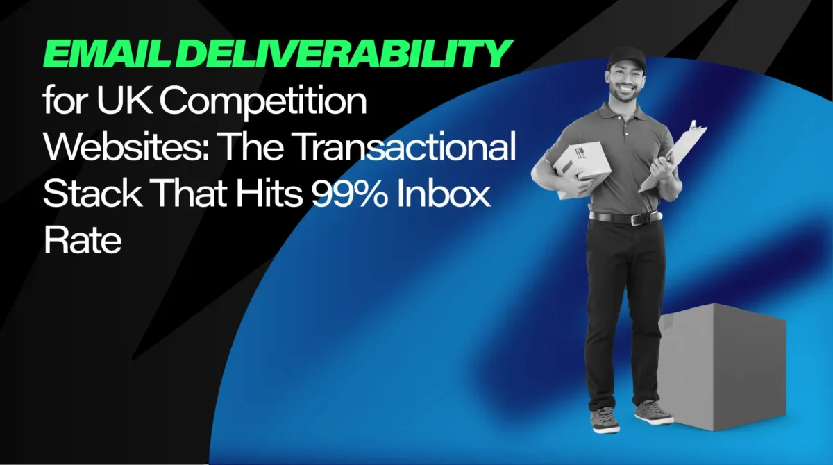 Smiling delivery courier holding a parcel and clipboard, illustrating email deliverability for UK competition websites