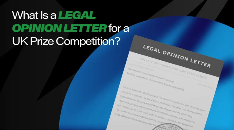 UK prize competition legal opinion letter from a gambling law solicitor, for Meta RMG advertising eligibility.
