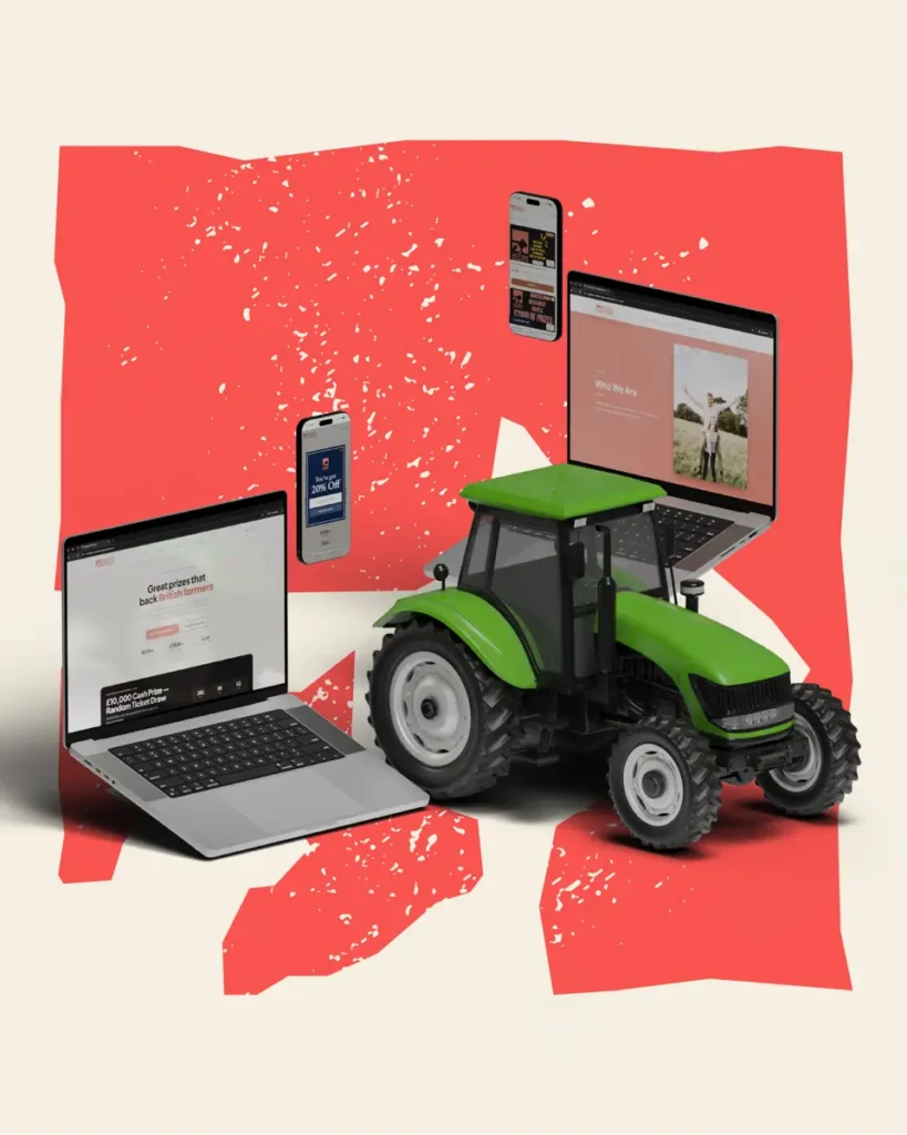 Meatbox Family competition website shown on laptop and phone beside a green tractor, with a £10,000 cash prize ticket draw on screen