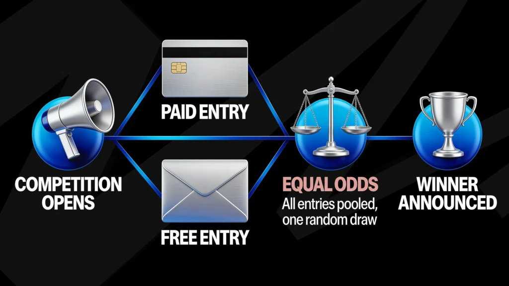 Flow diagram showing how a UK prize draw works: the competition opens, entries arrive by paid ticket or free postal route, all entries are pooled with equal odds for one random draw, and the winner is announced