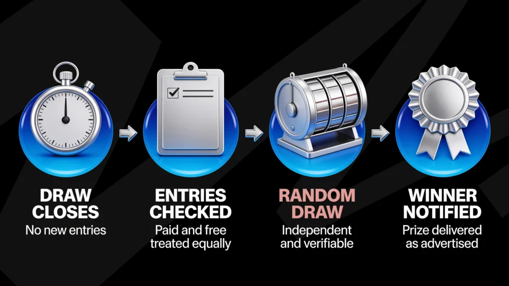 Four stage process for selecting a UK prize draw winner: the draw closes, entries are checked with paid and free treated equally, an independent and verifiable random draw takes place, and the winner is notified with the prize delivered as advertised