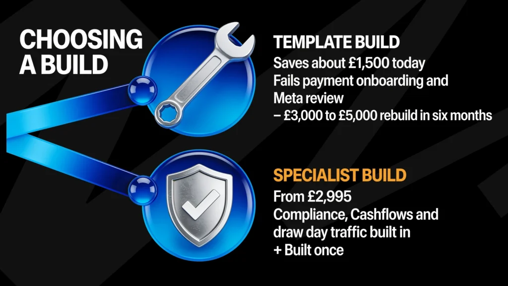 Two routes when choosing a competition website build: a template build saves about £1,500 today but fails payment onboarding and Meta review and needs a £3,000 to £5,000 rebuild within six months; a specialist build from £2,995 has compliance, Cashflows and draw day traffic built in and is built once