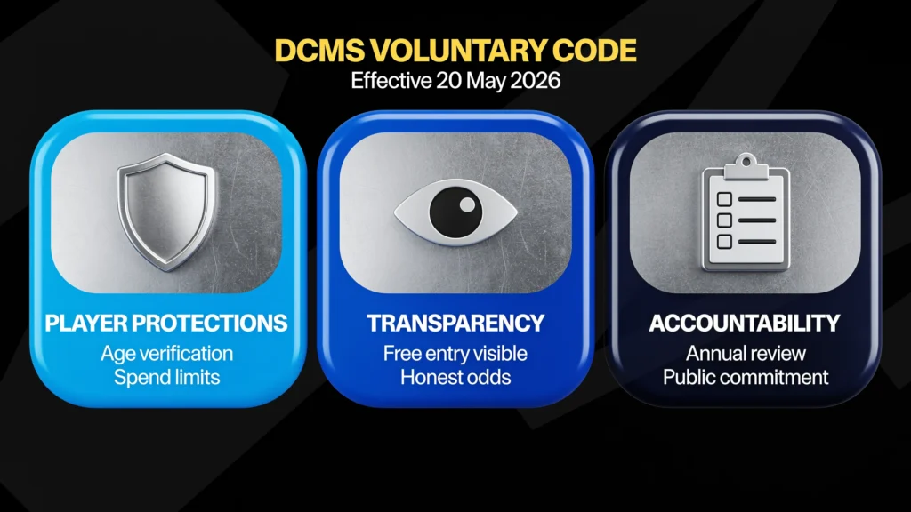 The DCMS Voluntary Code of Good Practice, effective 20 May 2026, rests on three pillars: player protections, transparency and accountability