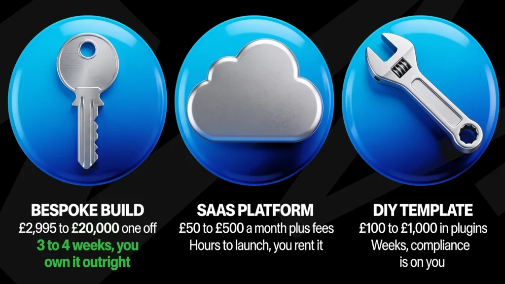 Three routes to launch a UK competition website compared: a bespoke build at £2,995 to £20,000 one off, live in 3 to 4 weeks and owned outright; a SaaS platform at £50 to £500 a month plus fees, rented; and a DIY template at £100 to £1,000 in plugins with compliance left to the operator