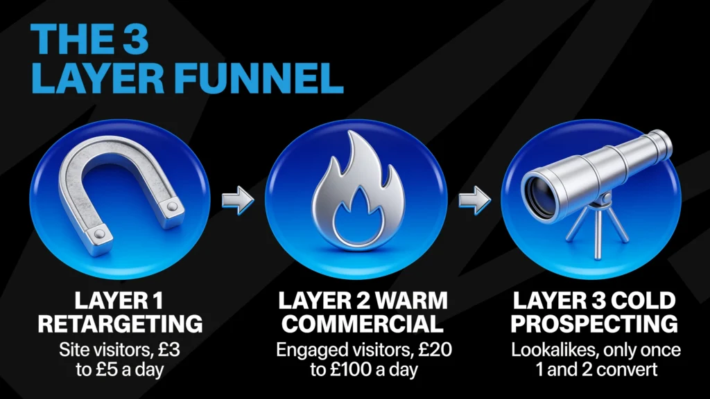 The three layer Meta ads funnel Nera Marketing runs for UK competition websites: layer 1 retargeting site visitors at £3 to £5 a day, layer 2 warm commercial audiences at £20 to £100 a day, and layer 3 cold prospecting with lookalikes only once layers 1 and 2 convert