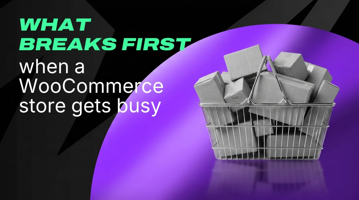 A wire shopping basket overflowing with cardboard parcels, on a purple circle against a black background.