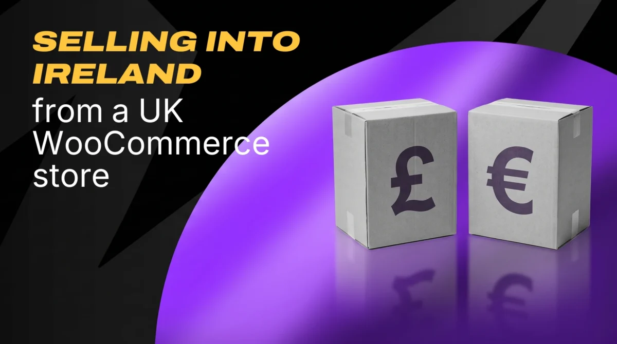 Two cardboard parcels side by side, one marked with a pound sign and one with a euro sign, on a purple circle against a black background.