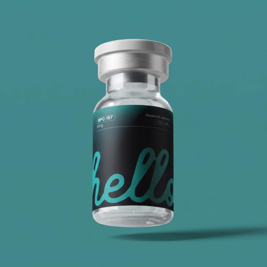 Hello Peptides BPC-157 pre-mixed vial on a teal ground, brand and packaging by Nera Marketing