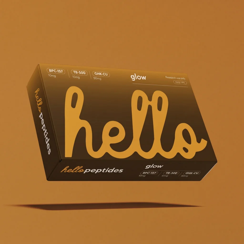 Hello Peptides glow stack carton on an amber ground, brand and packaging by Nera Marketing