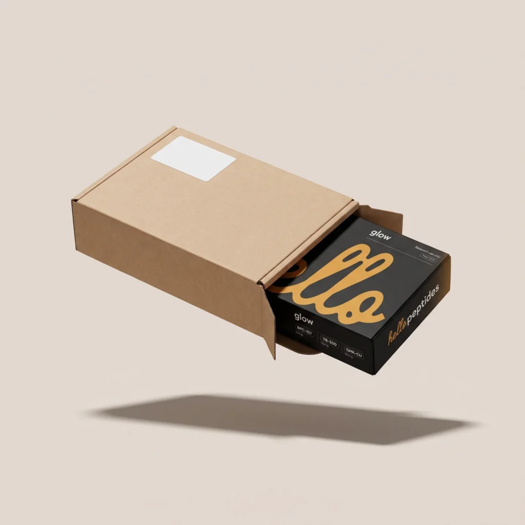 Hello Peptides glow carton sliding out of a plain kraft shipping box