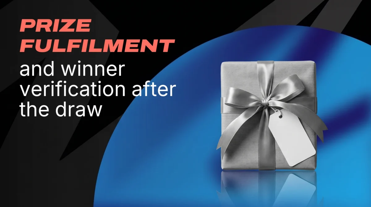 Wrapped gift box with a satin ribbon and a blank delivery tag, with the headline Prize fulfilment and winner verification after the draw