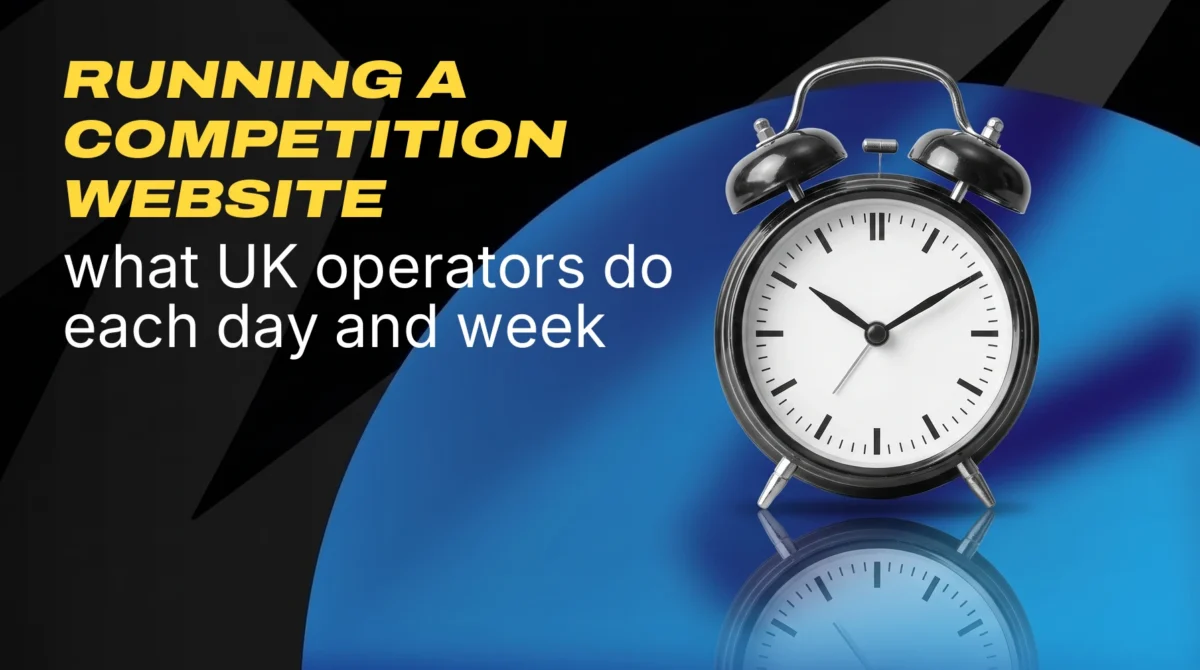 Black twin bell alarm clock, with the headline Running a competition website: what UK operators do each day and week